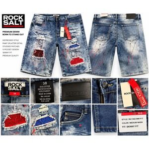 Rock Salt Men's 38 Distressed Paint Splatter Rhinestone Patch Jeans Shorts NWT